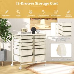 Gymax 12 Drawer Rolling Storage Cart Utility Cart With Wheels & Handles in White - thumbnail 3