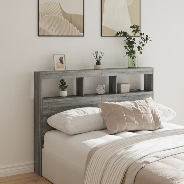 Berkfield Home Headboard Cabinet with LED Grey Sonoma 140x17x102 cm - Size: 140 x 17 x 102 cm - image 1
