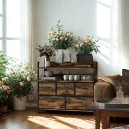 FURNOS Industrial 5 Drawer Chest Storage Unit With Shelves Brown - thumbnail 2