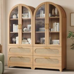 BTM 2pc Arch Display Cabinet, 2 Drawers, Adjustable Shelves, Oak in Light Oak