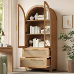 BTM 2pc Arch Display Cabinet, 2 Drawers, Adjustable Shelves, Oak in Light Oak - thumbnail 3