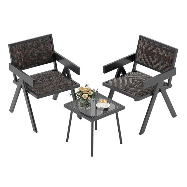 Gymax 3 Pcs Patio PE Wicker Bistro Set Patio Table & Chairs Set in Brown - Size: 3 Pack - image 1