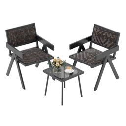 Gymax 3 Pcs Patio PE Wicker Bistro Set Patio Table & Chairs Set in Brown - Size: 3 Pack - thumbnail 1