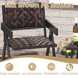 Gymax 3 Pcs Patio PE Wicker Bistro Set Patio Table & Chairs Set in Brown - Size: 3 Pack - thumbnail 4