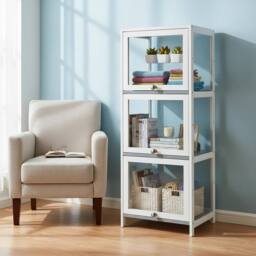 KORVIXA 3-Tier Bamboo Display Case Storage Cabinet in White - Size: 0.6m2 - thumbnail 5