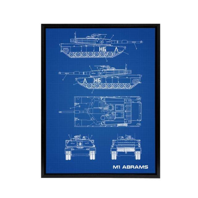 "Artery8 M1 Abrams US Main Battle Tank Blueprint Framed Canvas Wall Art Print in Blue - Size: W18"" x H24""" - image 1
