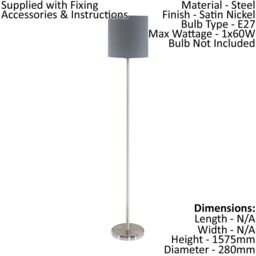 Loops Floor Lamp Light Satin Nickel Shade Grey Fabric Pedal Switch Bulb E27 1x60W in Metallics - thumbnail 2