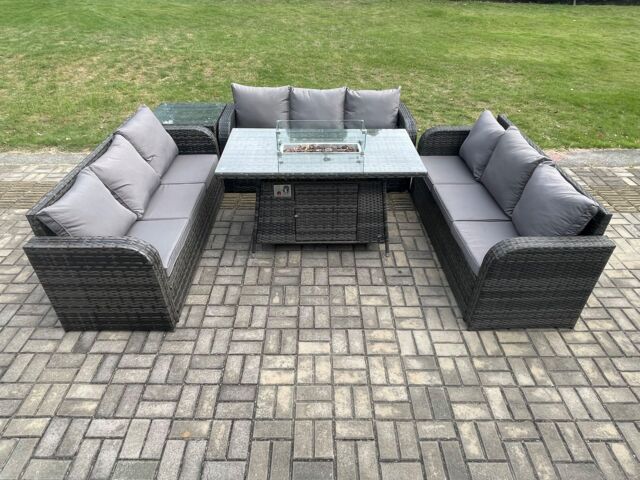 Fimous Rattan Furniture Garden Dining Set Gas Fire Pit Table With Side Table 3 Seater Sofa Dark Grey Mixed - image 1