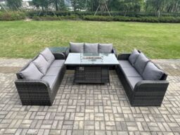 Fimous Rattan Furniture Garden Dining Set Gas Fire Pit Table With Side Table 3 Seater Sofa Dark Grey Mixed - thumbnail 3