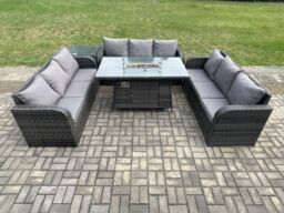 Fimous Rattan Furniture Garden Dining Set Gas Fire Pit Table With Side Table 3 Seater Sofa Dark Grey Mixed - thumbnail 1