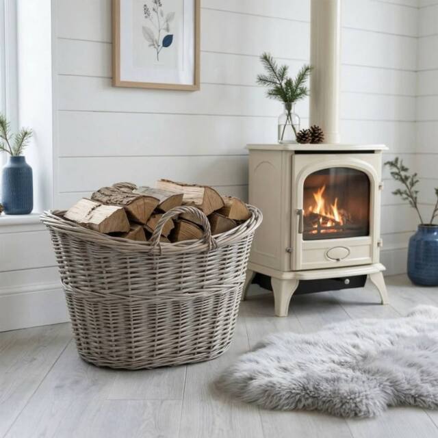 VOGREX Grey Wash Oval Wicker Blanket Storage Basket, Wicker Handled Basket - image 1