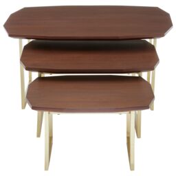 Orsina Set of 3 Nesting Side Tables, Round Walnut Wooden Top Bedside Tables With Gold Finish Legs, Decorative Tables