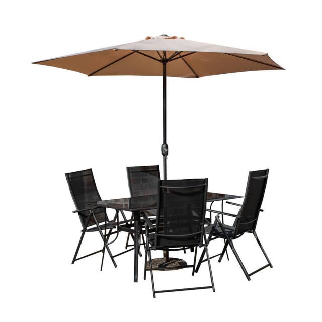 Samuel Alexander Outdoor 4 Person Glass Top Dining Table Chairs Beige Parasol & Base in Black - image 1