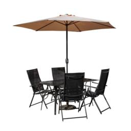 Samuel Alexander Outdoor 4 Person Glass Top Dining Table Chairs Beige Parasol & Base in Black - thumbnail 1