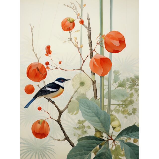 "Artery8 Wall Art Print Small Bird on Blooming Tree Branch Botanical Artwork Red Teal Nature Study Audubon Style Poster - Size: W24"" x H32""" - image 1
