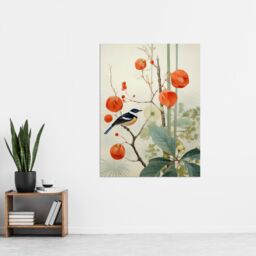 "Artery8 Wall Art Print Small Bird on Blooming Tree Branch Botanical Artwork Red Teal Nature Study Audubon Style Poster - Size: W24"" x H32""" - thumbnail 2