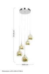 Orsina Smoked Glass & Chrome 5 Pendant Light, Elegant Hanging Ceiling Fixture with Cut Glass Detail in Gold - thumbnail 2