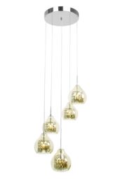 Orsina Smoked Glass & Chrome 5 Pendant Light, Elegant Hanging Ceiling Fixture with Cut Glass Detail in Gold