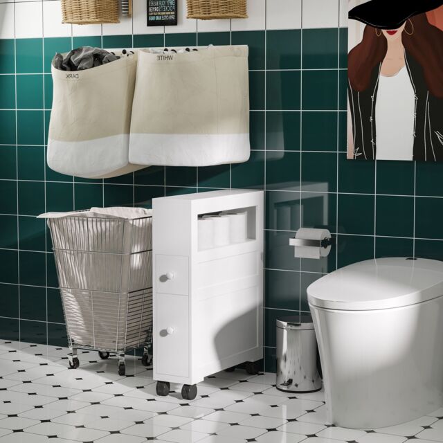 HOMCOM 72x16cm Narrow Bathroom Storage Unit with 2 Drawers Open Top 4 Wheels in White - Size: 72x16 cm - image 1