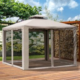 OUTSUNNY 3 x 3 m Metal Gazebo Garden Outdoor 2-Tier Roof Marquee Party in Brown