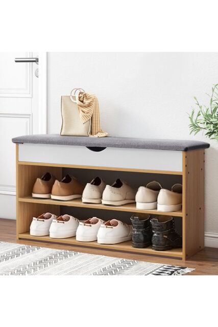 Living and Home 3-Tier Shoe Storage Bench with Padded Seat in Brown - image 1
