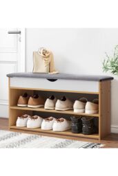 Living and Home 3-Tier Shoe Storage Bench with Padded Seat in Brown - thumbnail 1