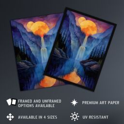 "Artery8 Wall Art Print Mirror Moon Waterfall Watercolour Night Mystic Poster in Blue - Size: W12"" x H16""" - thumbnail 2