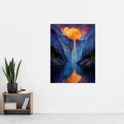 "Artery8 Wall Art Print Mirror Moon Waterfall Watercolour Night Mystic Poster in Blue - Size: W12"" x H16""" - thumbnail 4