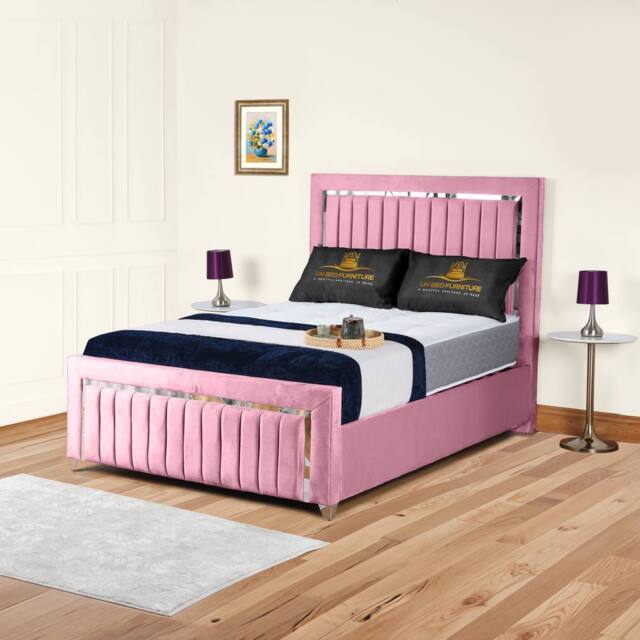UK Bed Furniture Chrome Edge Slatted Base Upholstered Bed Frame with 48-inch Headboard in Pink - Size: Single - image 1