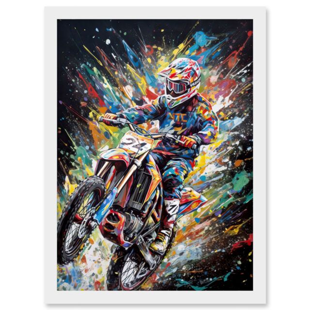 Artery8 Motorcycle Motocross Rainbow Paint Splatter Art Artwork Framed Wall Art Print A4 in White - image 1