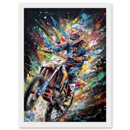 Artery8 Motorcycle Motocross Rainbow Paint Splatter Art Artwork Framed Wall Art Print A4 in White - thumbnail 1