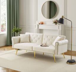 Matteo 2-Seater Velvet Sofa Bed with 3-Stage Adjustable Backrest in Cream - thumbnail 9