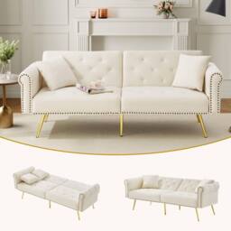 Matteo 2-Seater Velvet Sofa Bed with 3-Stage Adjustable Backrest in Cream - thumbnail 1
