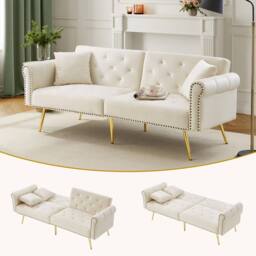 Matteo 2-Seater Velvet Sofa Bed with 3-Stage Adjustable Backrest in Cream - thumbnail 2
