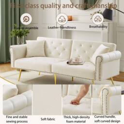 Matteo 2-Seater Velvet Sofa Bed with 3-Stage Adjustable Backrest in Cream - thumbnail 3