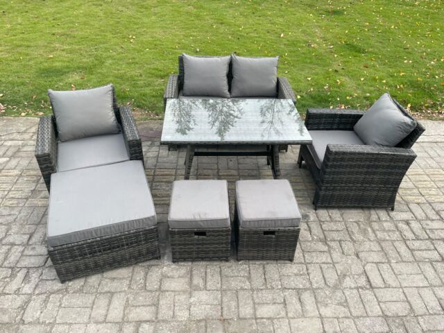Fimous Rattan Wicker Garden Furniture Patio Conservatory Sofa Set with Rectangular Dining Table Armchair 2 Seater Sofa in Dark Grey