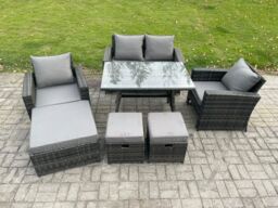 Fimous Rattan Wicker Garden Furniture Patio Conservatory Sofa Set with Rectangular Dining Table Armchair 2 Seater Sofa in Dark Grey - thumbnail 1