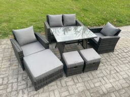 Fimous Rattan Wicker Garden Furniture Patio Conservatory Sofa Set with Rectangular Dining Table Armchair 2 Seater Sofa in Dark Grey - thumbnail 2