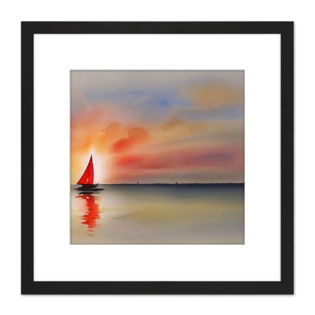 Artery8 Into The Sunset Watercolour Sailing Red Sail Boat On Calm Sea Square Wooden Framed Wall Art Print Picture 8X8 Inch in Black - image 1
