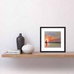 Artery8 Into The Sunset Watercolour Sailing Red Sail Boat On Calm Sea Square Wooden Framed Wall Art Print Picture 8X8 Inch in Black - thumbnail 2