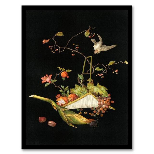 Artery8 G A Audsley Framed Wall Art Vintage Stylised Still Life with Bird in Black - Size: A4 - image 1
