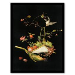 Artery8 G A Audsley Framed Wall Art Vintage Stylised Still Life with Bird in Black - Size: A4 - thumbnail 1