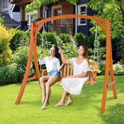 Costway Wood Swing Frame A-Shaped Heavy-Duty Swing Stand 300 kg Capacity Backyard Garden Patio in Brown - thumbnail 3