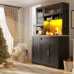 Merax Freestanding Tall Kitchen Dresser with Coffee Station, LED Light in Black - thumbnail 4