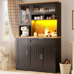 Merax Freestanding Tall Kitchen Dresser with Coffee Station, LED Light in Black - thumbnail 2