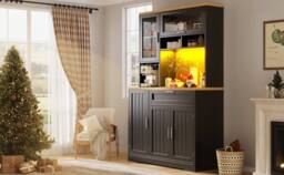 Merax Freestanding Tall Kitchen Dresser with Coffee Station, LED Light in Black - thumbnail 5