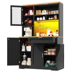 Merax Freestanding Tall Kitchen Dresser with Coffee Station, LED Light in Black - thumbnail 7