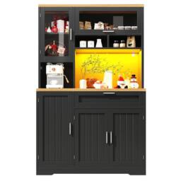 Merax Freestanding Tall Kitchen Dresser with Coffee Station, LED Light in Black - thumbnail 8