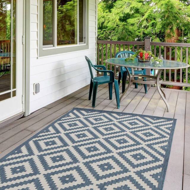 THE RUGS Outdoor Indoor Geometric Diamond Rug Blue Ivory Weather Resistant - Size: 160 cm x 230 cm - image 1