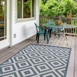 THE RUGS Outdoor Indoor Geometric Diamond Rug Blue Ivory Weather Resistant - Size: 160 cm x 230 cm - thumbnail 1